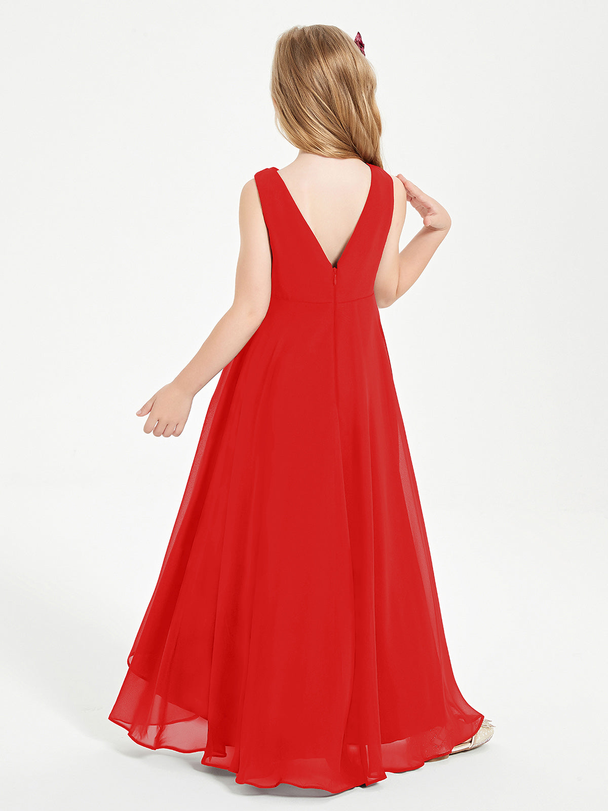 Modern Asymmetrical Cowl Neck Junior Bridesmaid Dresses Red